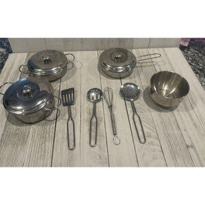 Doll House Pans & Mixing Bowl . 11 Piece. Silver In Color. Pretend Play Cooking
